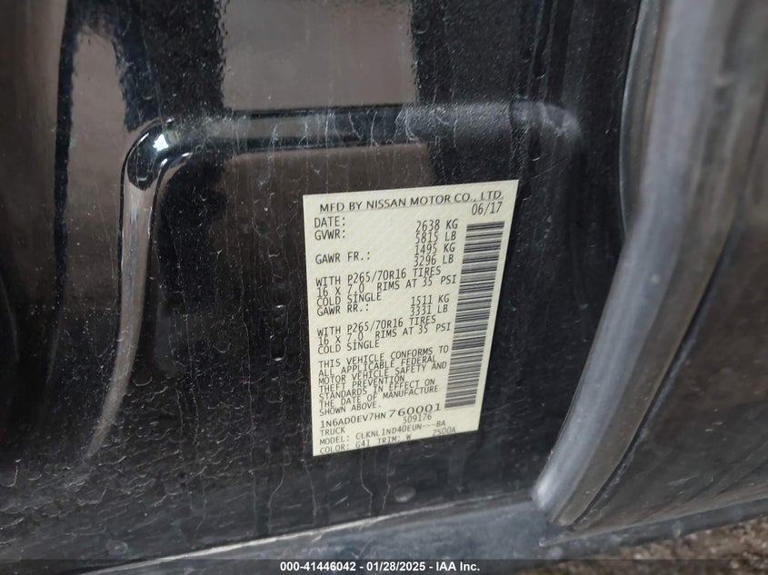 2017 NISSAN FRONTIER VIN: 1N6AD0EV7HN760001