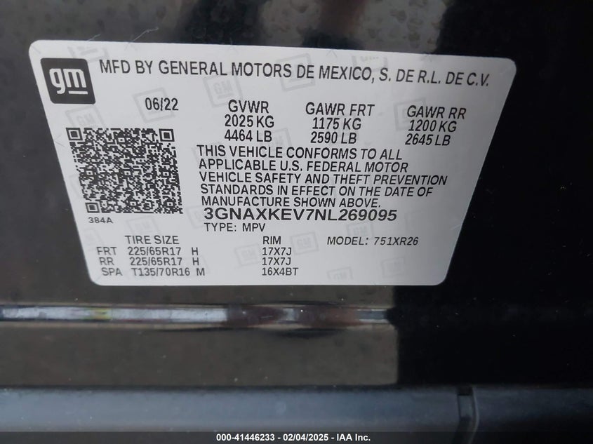 2022 CHEVROLET EQUINOX VIN: 3GNAXKEV7NL269095