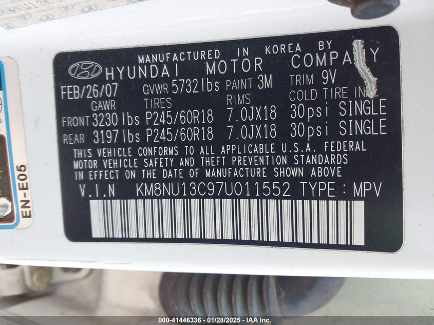 2007 Hyundai Veracruz Gls/Limited/Se VIN: KM8NU13C97U011552 Lot: 41446336