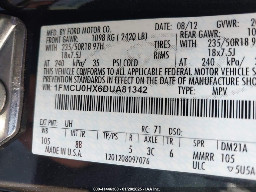 2013 FORD ESCAPE VIN: 1FMCU0HX6DUA81342