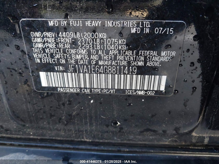 2016 SUBARU WRX VIN: JF1VA1E64G8811419