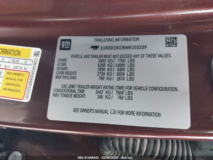 2022 Chevrolet Suburban 4Wd Z71 VIN: 1GNSKDKD6NR153339 Lot: 41446443