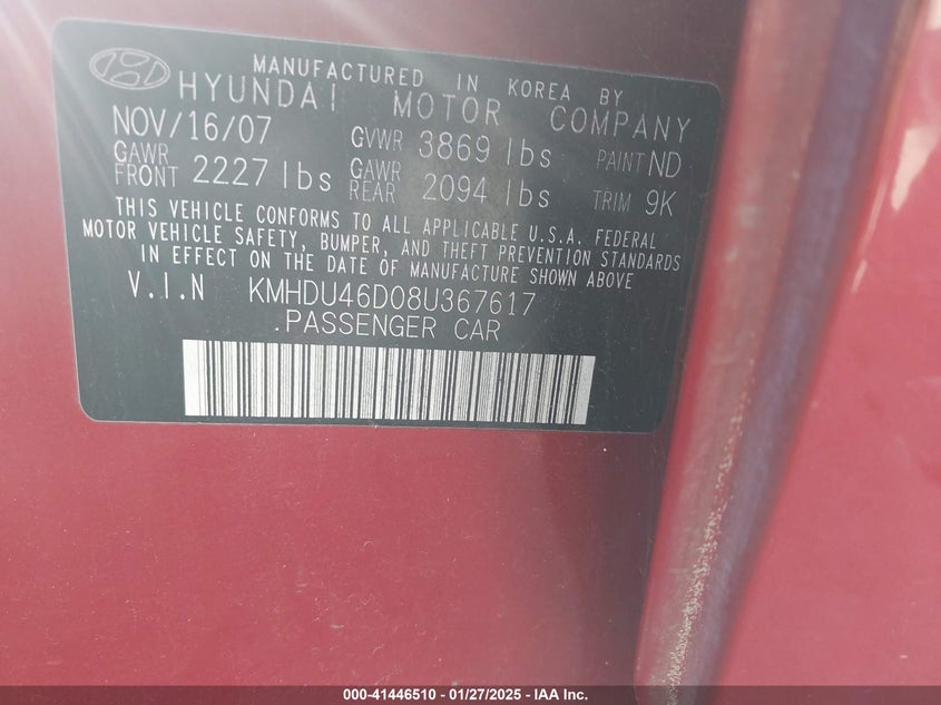 2008 HYUNDAI ELANTRA VIN: KMHDU46D08U367617