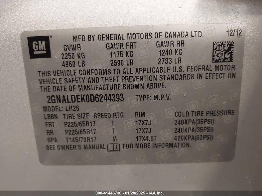 2013 CHEVROLET EQUINOX VIN: 2GNALDEK0D6244393