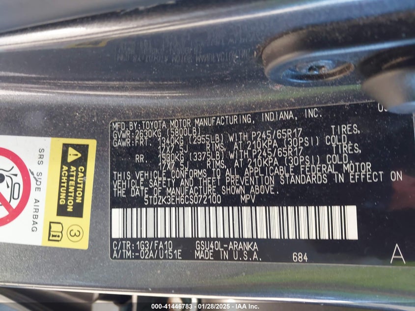 2012 TOYOTA HIGHLANDER VIN: 5TDZK3EH6CS072100