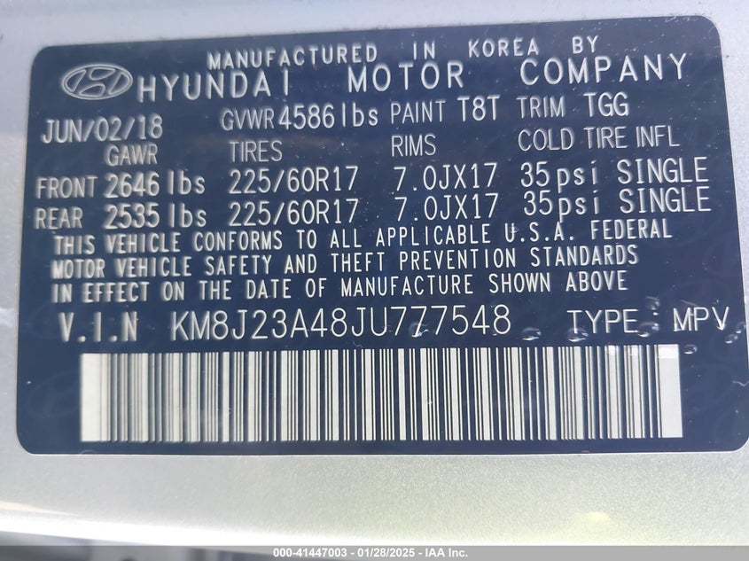 2018 HYUNDAI TUCSON VIN: KM8J23A48JU777548