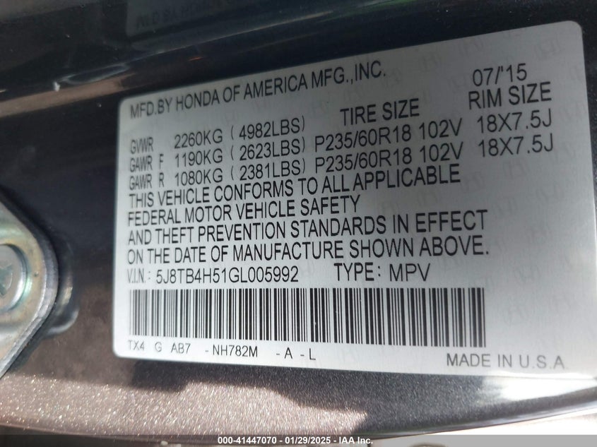 2016 ACURA RDX TECHNOLOGY   ACURAWATCH PLUS PACKAGES/TECHNOLOGY PACKAGE - 5J8TB4H51GL005992