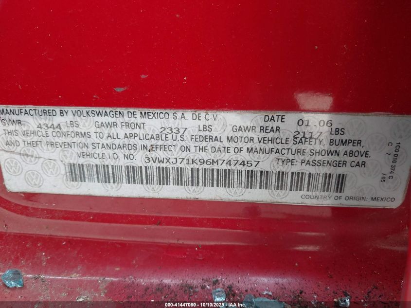 2006 Volkswagen Jetta Gli VIN: 3VWXJ71K96M747457 Lot: 41447080