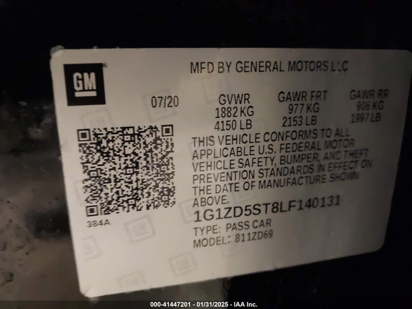 2020 CHEVROLET MALIBU VIN: 1G1ZD5ST8LF140131
