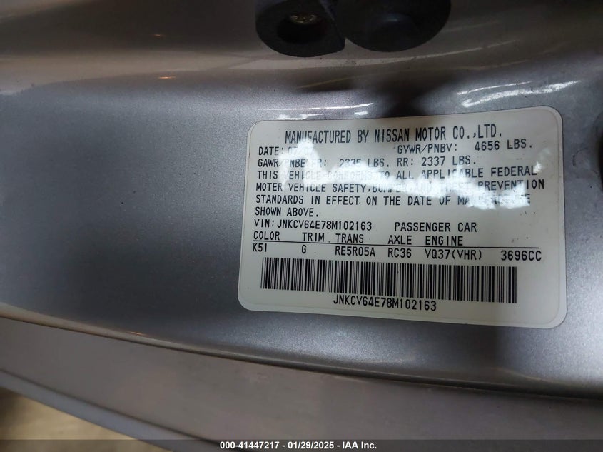 2008 INFINITI G37 VIN: JNKCV64E78M102163