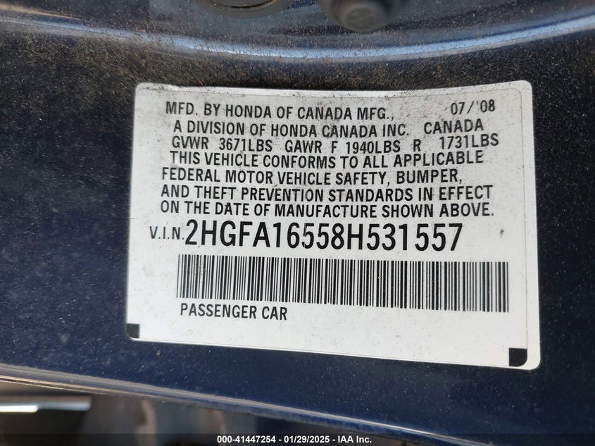 2008 HONDA CIVIC VIN: 2HGFA16558H531557