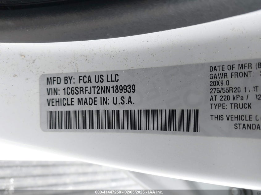 2022 RAM 1500 VIN: 1C6SRFJT2NN189939