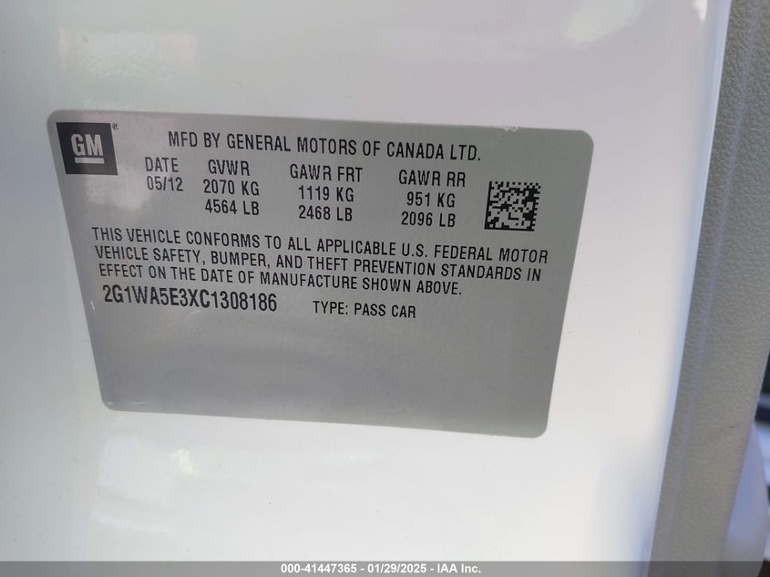 2012 CHEVROLET IMPALA VIN: 2G1WA5E3XC1308186