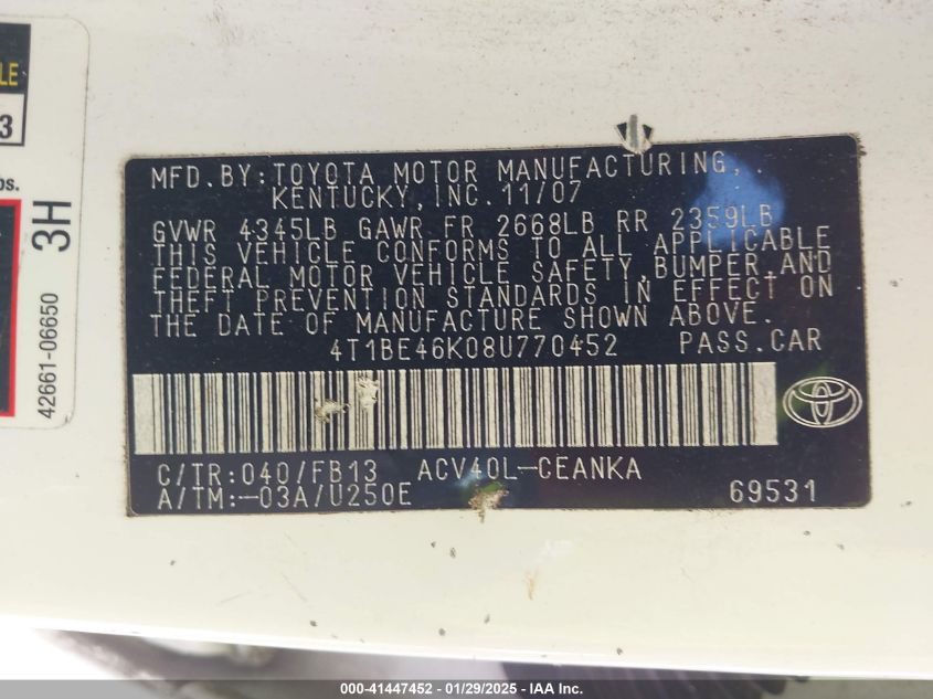 2008 Toyota Camry Le VIN: 4T1BE46K08U770452 Lot: 41447452