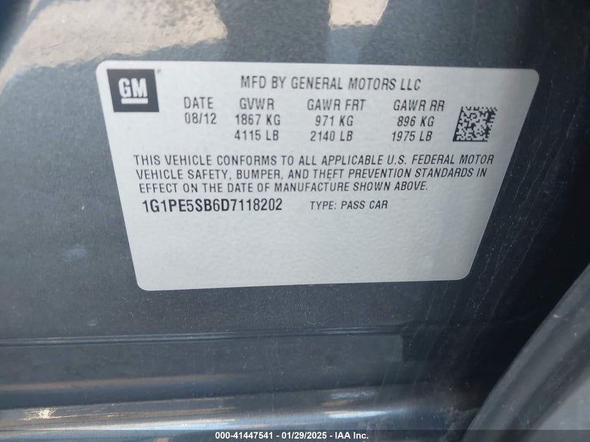 2013 CHEVROLET CRUZE VIN: 1G1PE5SB6D7118202