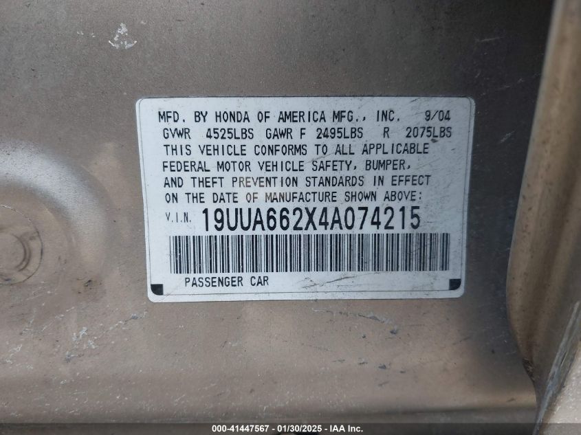 2004 Acura Tl VIN: 19UUA662X4A074215 Lot: 41447567