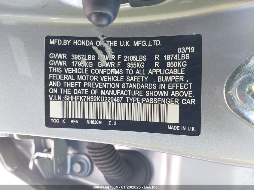 2019 HONDA CIVIC VIN: SHHFK7H92KU220467