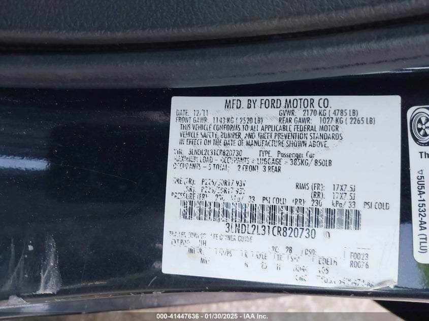 2012 LINCOLN MKZ VIN: 3LNDL2L31CR820730