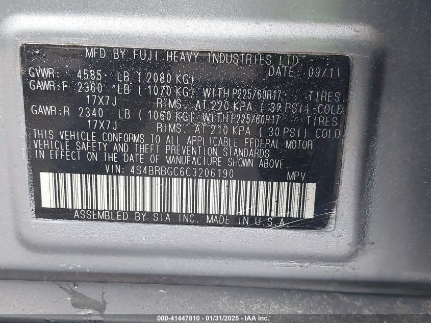 2012 Subaru Outback 2.5I Premium VIN: 4S4BRBGC6C3206190 Lot: 41447810