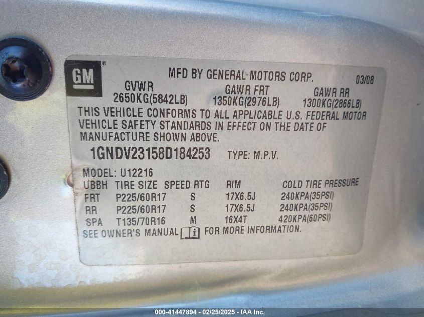 2008 Chevrolet Uplander Ls VIN: 1GNDV23158D18425 Lot: 41447894