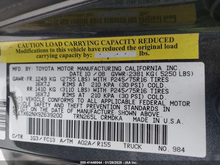 2009 Toyota Tacoma Prerunner Access Cab VIN: 5TETX62NX92639200 Lot: 41448044