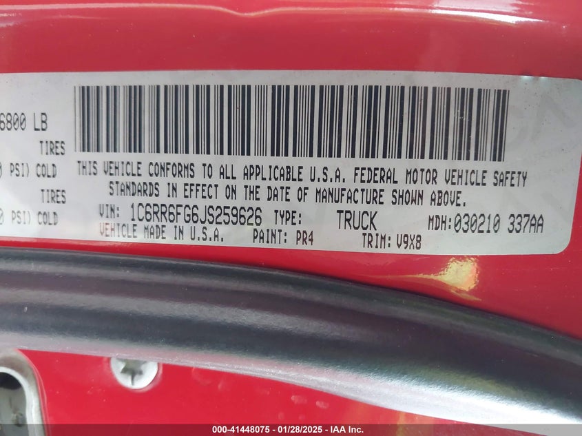2018 RAM 1500 VIN: 1C6RR6FG6JS259626