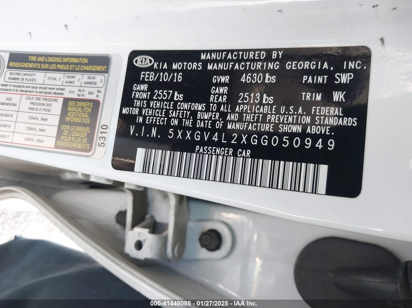 2016 KIA OPTIMA VIN: 5XXGV4L2XGG050949