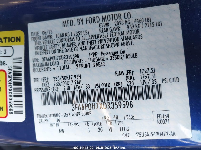 2013 FORD FUSION VIN: 3FA6P0H7XDR359598