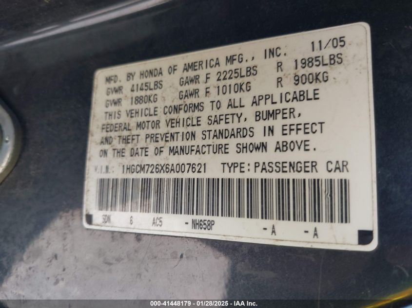 2006 Honda Accord 2.4 Ex VIN: 1HGCM726X6A007621 Lot: 41448179