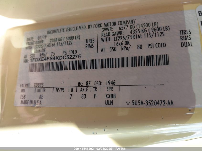 2019 Ford E-450 Cutaway VIN: 1FDXE4FS4KDC52275 Lot: 41448292