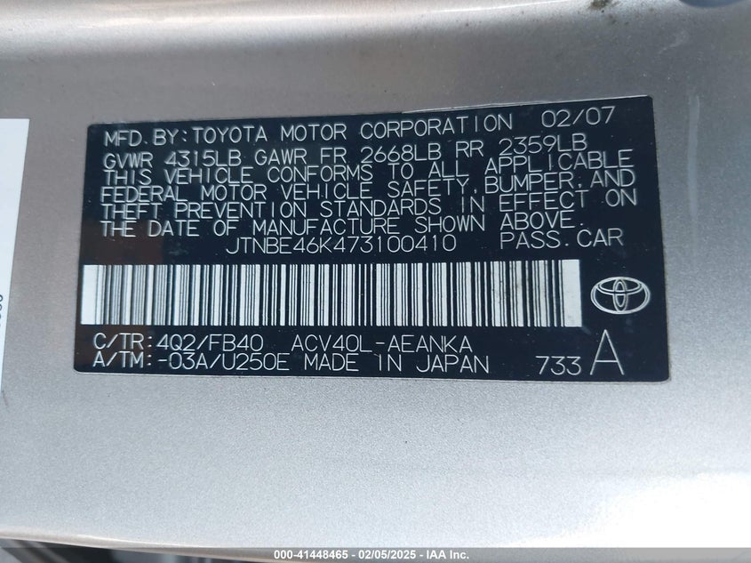 2007 TOYOTA CAMRY VIN: JTNBE46K473100410