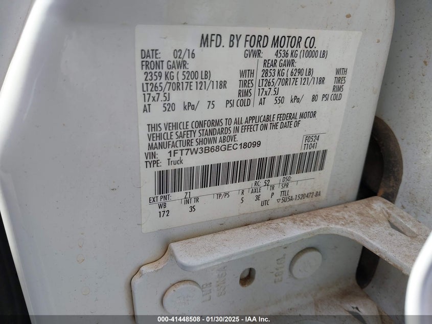 2016 FORD F350 VIN: 1FT7W3B68GEC18099