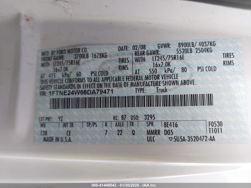 2008 Ford E-250 Commercial/Recreational VIN: 1FTNE24WX8DA79571 Lot: 41448543