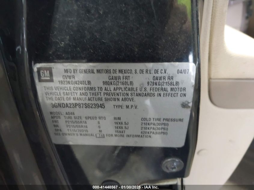2007 Chevrolet Hhr Lt VIN: 3GNDA23P87S623945 Lot: 41448567