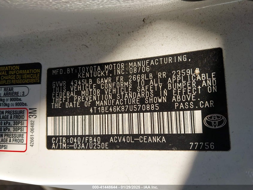 2007 TOYOTA CAMRY VIN: 4T1BE46K87U570885