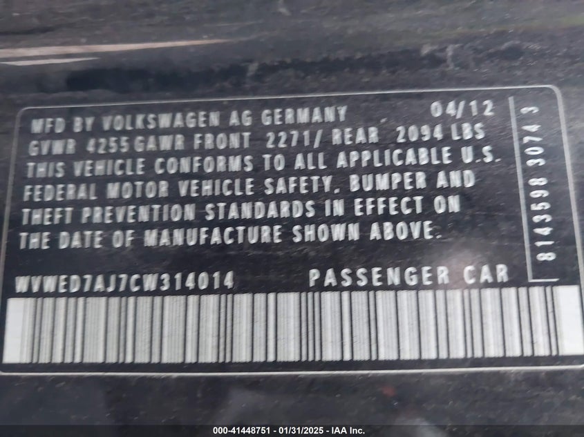 2012 VOLKSWAGEN GTI VIN: WVWED7AJ7CW314014