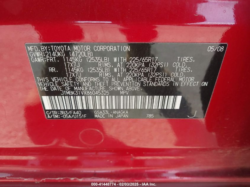 2008 Toyota Rav4 Limited V6 VIN: JTMBK31VX86045325 Lot: 41448774