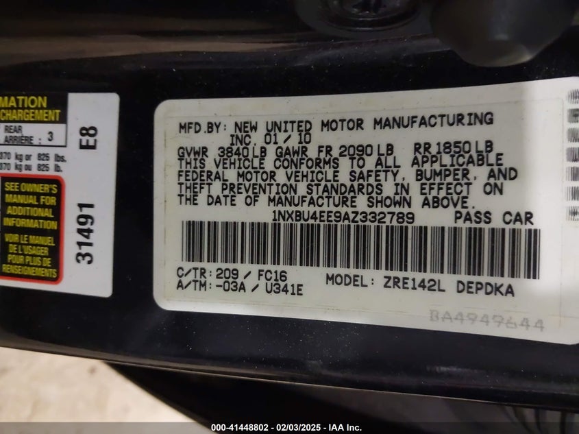 2010 TOYOTA COROLLA VIN: 1NXBU4EE9AZ332789