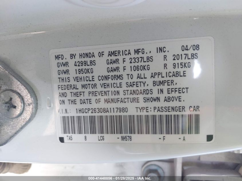 2008 Honda Accord 2.4 Lx VIN: 1HGCP26308A117980 Lot: 41448856