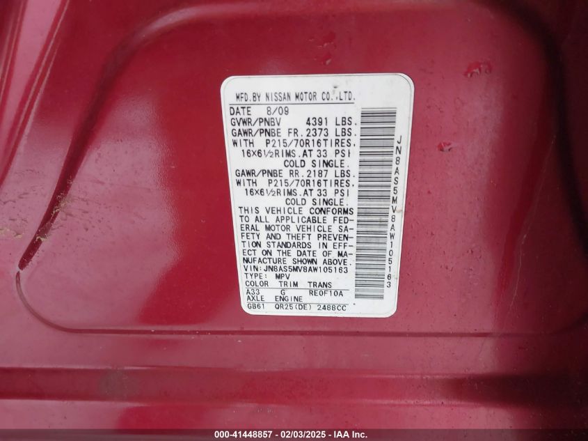 2010 Nissan Rogue S VIN: JN8AS5MV8AW105163 Lot: 41448857