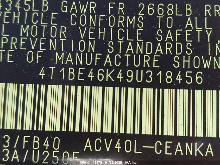 2009 TOYOTA CAMRY VIN: 4T1BE46K49U318456