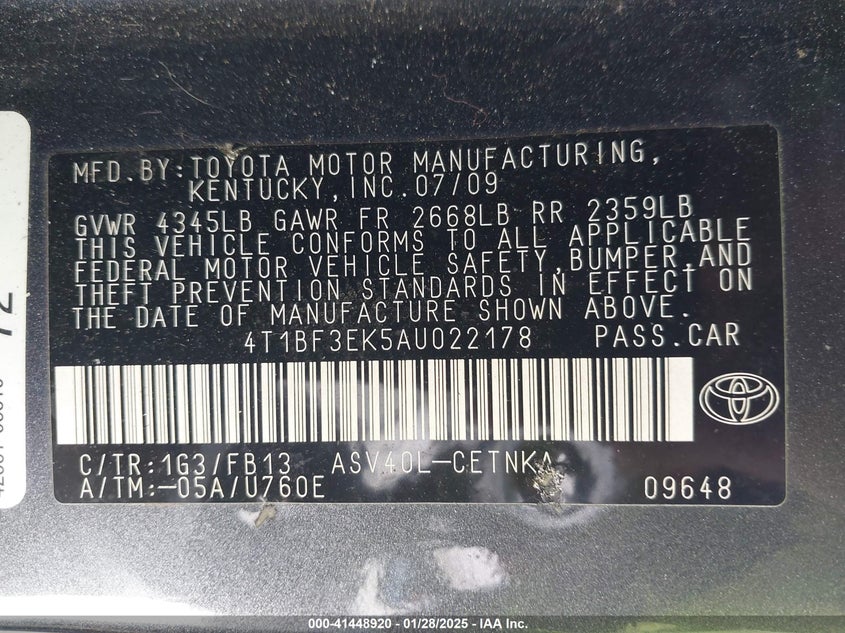 2010 Toyota Camry Le VIN: 4T1BF3EK5AU022178 Lot: 41448920