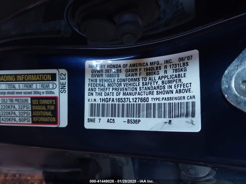 2007 HONDA CIVIC VIN: 1HGFA16537L127660