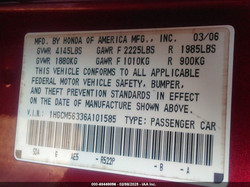 2006 HONDA ACCORD VIN: 1HGCM56336A101585