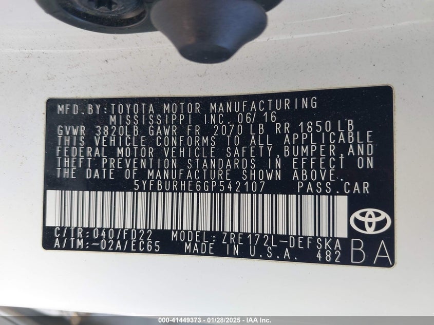 2016 TOYOTA COROLLA VIN: 5YFBURHE6GP542107