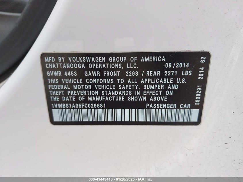 2015 VOLKSWAGEN PASSAT VIN: 1VWBS7A35FC029681