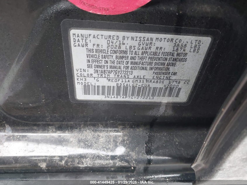 2016 NISSAN SENTRA VIN: 3N1AB7AP7GY272213
