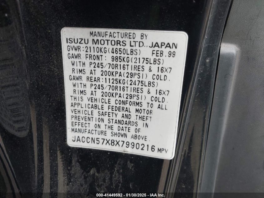 1999 Isuzu Vehicross VIN: JACCN57X8X7990216 Lot: 41449592