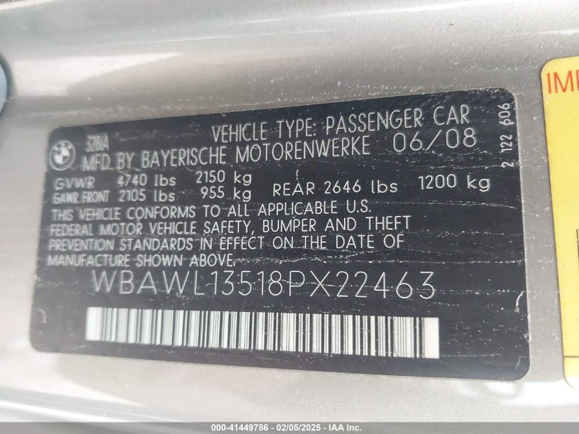 2008 BMW 328I VIN: WBAWL13518PX22463 Lot: 41449786