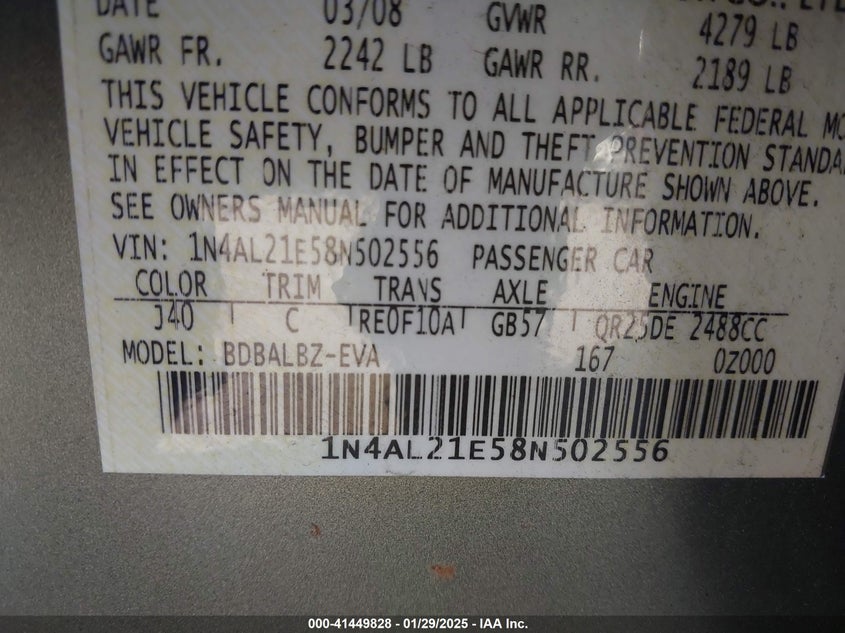 2008 NISSAN ALTIMA VIN: 1N4AL21E58N502556